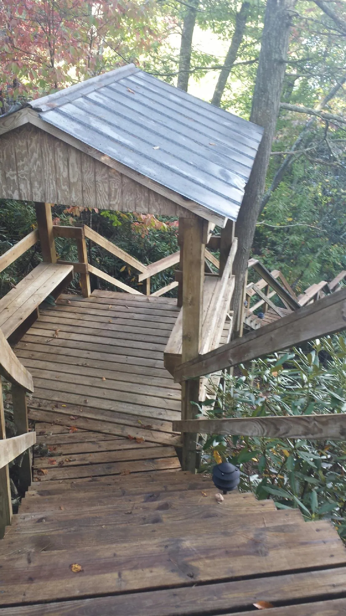Metal roofed shelter over wooden steps on a wooded walkway — Skylight Repair & Installation work by our crew in Lamar